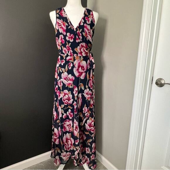 Band Of Gypsies Navy Blue and Pink Floral Maxi Wrap Dress- Size Small - Picture 1 of 14